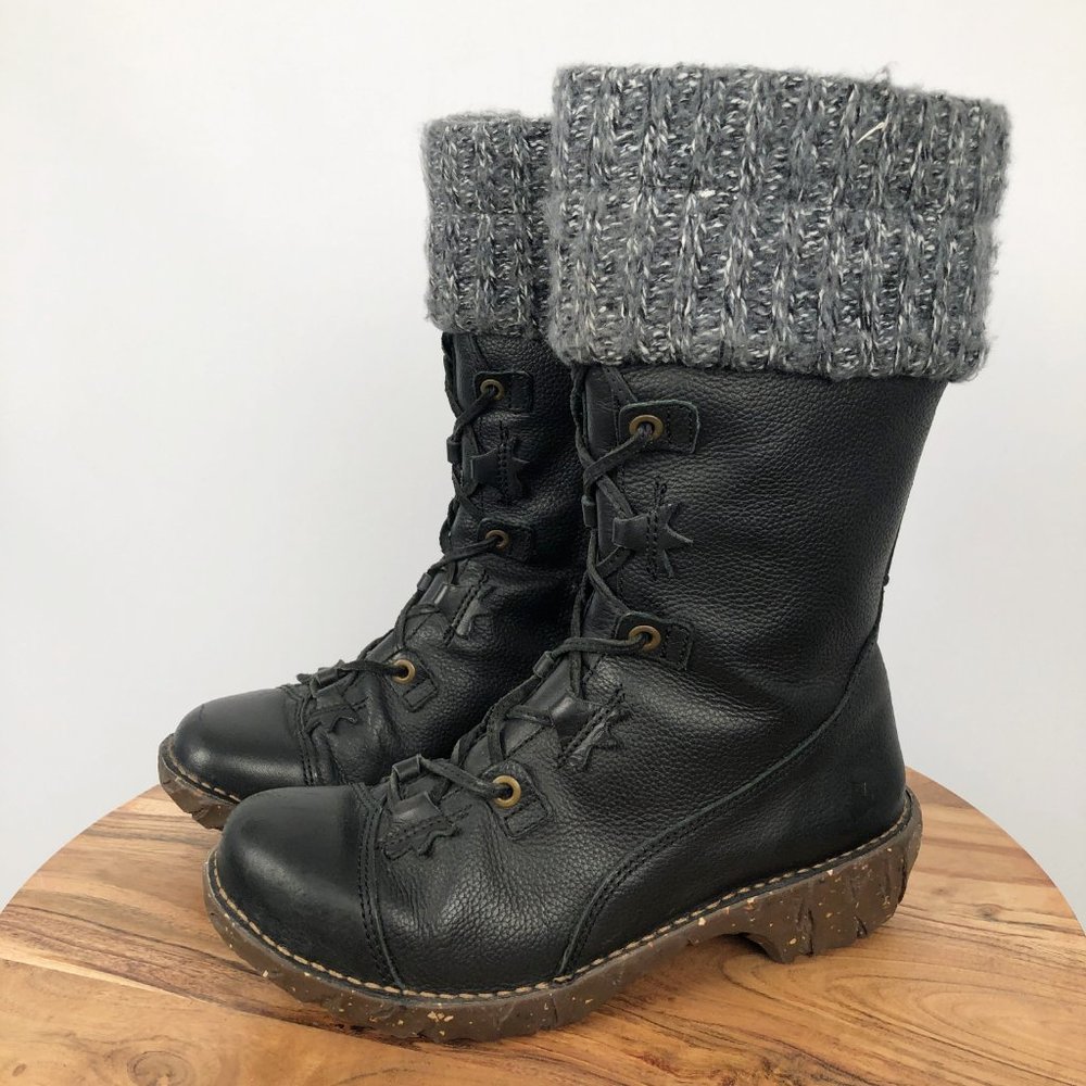 El Naturalista Leather Winter Lace Up Waterproof Knit Lined Tall Black Boots - 5
